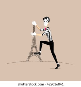 A Mime performing a pantomime climbing the eiffel tower