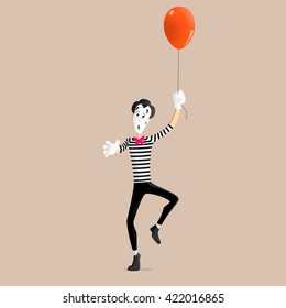 A Mime performing a pantomime flying up with a balloon