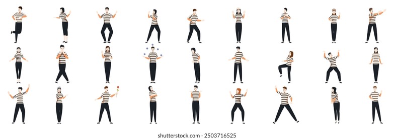 Mime performing pantomime icons set. Collection of male and female mimes performing different actions wearing typical black and white striped clothing