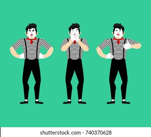 Mime set. Pantomime bewildered and angry. Mimic winks and thumb up. Vector illustration