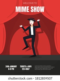 Mime Show Poster, Male Actor Performing Pantomime On Stage Vector Illustration
