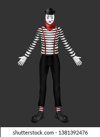 Mime, theater actor, body motion performer costume with striped turtleneck, funny boots, red scarf on neck, sad face white mask or makeup with tear, black bowler hat 3d realistic vector illustration