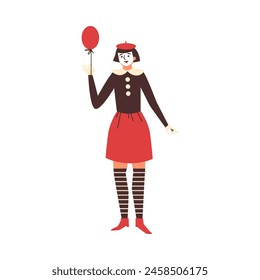 Mime theater female artist holding red balloon vector flat illustration. Cartoon actress with white face makeup. Silent comedy, pantomimes. French performer comedian show theatrical grimace