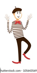 Mime with white makeup in striped shirt and black beret