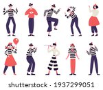 Mimes characters. Silent actors, pantomime and comedy performing, funny mimic poses. Male and female mimes characters vector illustration set