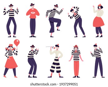 Mimes characters. Silent actors, pantomime and comedy performing, funny mimic poses. Male and female mimes characters vector illustration set