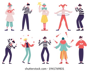 Mimes and clowns. Circus and street artists, comedy performing, juggling and magic tricks vector illustration set. Silent actors and funny clowns