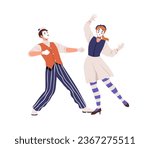 Mimes couple acting, dancing. French street performers, mimic actors, deaf silent performance. Man and woman during dumb pantomime show. Flat graphic vector illustration isolated on white background