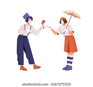 Mimes, love couple acting. French actors, street artists during romantic deaf show. Man artist giving flower gift for woman performer. Flat graphic vector illustration isolated on white background