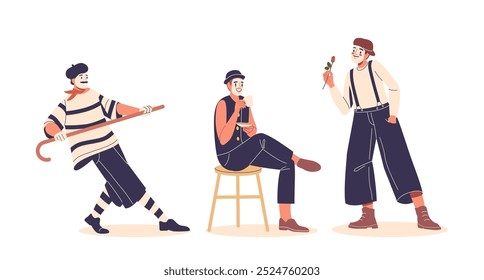 Mimes In Makeup Engaged In Playful Activities. One Eating Noodles, One Offering A Rose, And One Performing With A Cane