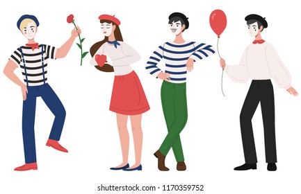 Mimes man and woman pantomime vector illustration. Cartoon clown girl and boy characters in costume and hat with face mask and funny mimic pose for flower, ballon and heart