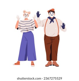 Mimes, street actors couple. French artists gesturing with hand. Woman and man performers with face makeup during dumb comedy performance. Flat graphic vector illustration isolated on white background