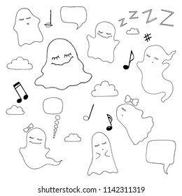 Mi-Mi cute nice tiny ghosts Boo sketch sticker set vector