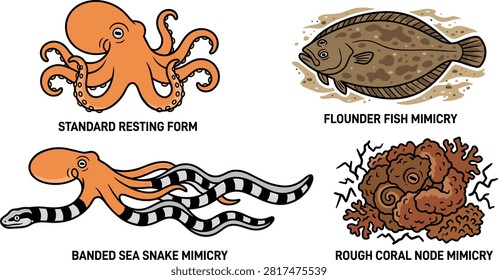 Mimic Octopus Defenses and Camouflage Behavior Vector Set Featuring Standard Resting Form Flounder Fish Banded Sea Snake and Rough Coral Node Mimicry.eps
