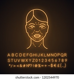 Mimic Wrinkles Neon Light Icon. Facial Skin After Thirty. Face Ageing. Facial Markup For Cosmetic Procedure. Glowing Sign With Alphabet, Numbers And Symbols. Vector Isolated Illustration