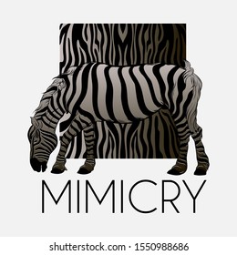 Mimicry. Vector hand drawn illustration of zebra with animalistic background isolated. Creative  artwork. Template for card, poster, banner, print for t-shirt, pin, badge, patch.