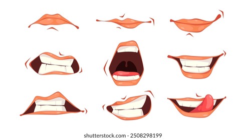 Mimics of cartoon character, isolated set of emotional parts of face. Vector facial expression of shouting, smile and anger, disgust and grinning. Playful mood, showing tongue or irritation