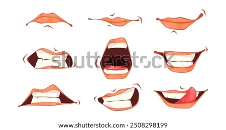 Mimics of cartoon character, isolated set of emotional parts of face. Vector facial expression of shouting, smile and anger, disgust and grinning. Playful mood, showing tongue or irritation