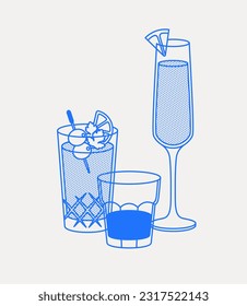 Mimosa, Bloody Mary, and a short drink. Line art, retro. Vector illustration for bars, cafes, and restaurants.