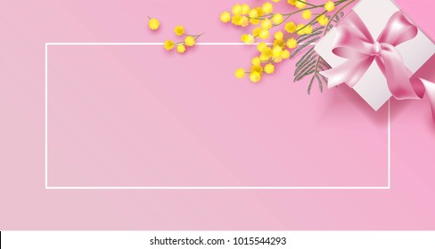 Mimosa branch and gift box on pink background. Beautiful spring background with place for text. Vetor illustration