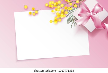 Mimosa branch and gift box on pink background. Beautiful romantic background with place for text. Vetor illustration