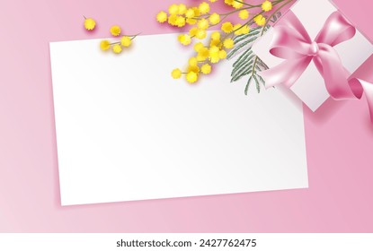 Mimosa branch and gift box on pink background. Beautiful romantic background with place for text. Vetor illustration, greeting card for Happy Valentine's day, Mother`s day and 8 march Woman`s day