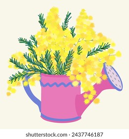 Mimosa branch in watering can. Bright floral vector isolated illustration.