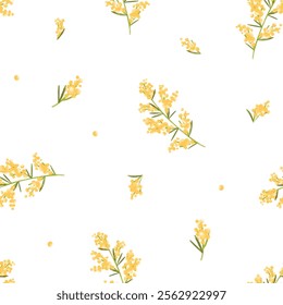 Mimosa branches, floral pattern. Seamless background, yellow flowers, spring nature, botanical design. Repeating print for fabric, textile, wallpaper, wrapping paper. Flat vector illustration