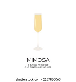 Mimosa Cocktail in champagne glass. Summer aperitif recipe with orange juice and prosecco. Mixology minimalist simple square card. Alcoholic beverage isolated on white background. Vector illustration.