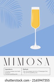 Mimosa Cocktail In Champagne Glass. Summer Aperitif Recipe With Orange Juice And Prosecco. Mixology Minimalist Simple Vertical Print. Alcoholic Beverage On Background. Vector Flat Style Illustration.