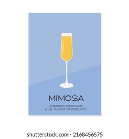 Mimosa Cocktail In Champagne Glass. Summer Aperitif Recipe With Orange Juice And Prosecco. Mixology Minimalist Simple Print. Alcoholic Beverage On Background. Vector Flat Style Illustration.