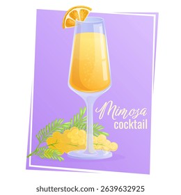 Mimosa cocktail in a glass, orange slices, mimosa flower on a purple background. The concept of a party, cocktail bar, summer. Isolated vector illustration for menu design, posters, banners, covers