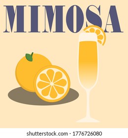 Mimosa cocktail menu poster with drink in glass and fruit on side.