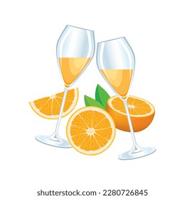 Mimosa cocktail with oranges icon set vector. Two champagne flutes with orange juice illustration. Mimosa alcoholic drink icons isolated on a white background. Celebration toast with mimosa drawing