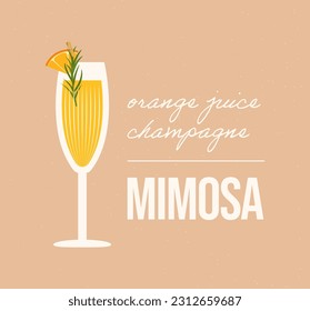 Mimosa cocktail recipe. Aperitif drink with ingredients. Alcoholic beverage with orange and champagne. Vector illustration