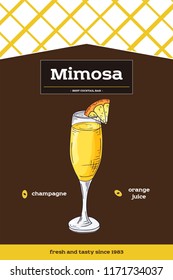 Mimosa cocktail recipe with ingredients. Hand drawn illustration in sketch style. Vector collection.