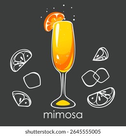 Mimosa cocktail. Refreshing summer alcoholic drink with orange and champagne. Vector illustration on a dark background.