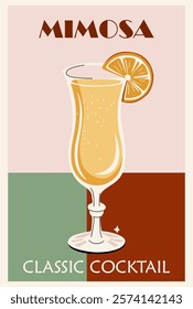 Mimosa Cocktail Retro Poster, popular alcohol drink. Vintage colorful flat vector illustration for printable kitchen wall art, bar cart, restaurant decor print.