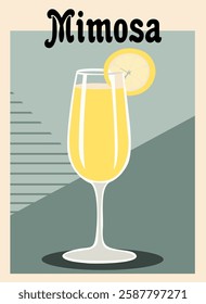 Mimosa Cocktail retro poster. Popular alcohol drink. Vintage flat vector illustrations for bar, pub, restaurant, kitchen wall art print.