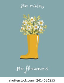 Mimosa and daffodils in yellow rain boot. No rain, no flowers concept. Yellow and white flowers with leaves. Spring flowers. Floral composition. Vector illustration on blue background