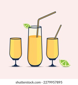 Mimosa Drink Illustrations Collections Design, Glass Alcohol Juice Party Brunch Champagne Isolated Cafe Bar Ice Art, Lemon Lime Mimosa Food Drawing Illustrations.