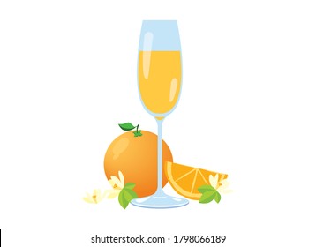 Mimosa Drink With Orange Fruit Icon Vector. Glass Of Champagne With Orange Juice Vector Illustration. Champagne With Orange Vector. Mimosa Drink Icon Isolated On A White Background. Alcoholic Cocktail