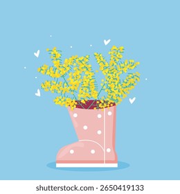mimosa flower in boot. spring flower poster card