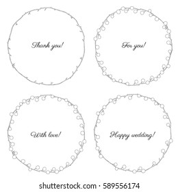Mimosa flower hand drawn vector illustration isolated on white background, round frame, floral wreath, ink doodle sketch, black line art for design greeting card, wedding invite, packaging cosmetics