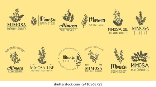 Mimosa Blume minimales Emblem, natürliche Hautpflegekosmetik und Extrakt umarmen Schönheit der Natur. Vektorgrafiken für die Kosmetikmarke symbolisieren Reinheit und Anmut durch einfache, aber elegante Blüten und Schriften