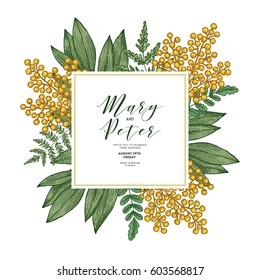 Mimosa flower wedding invitation. Vintage floral design template. Vector illustration