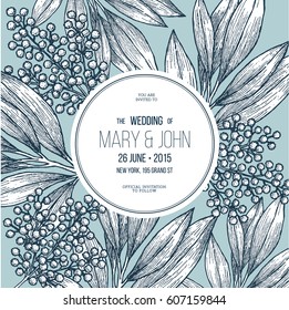 Mimosa flower wedding invitation. Vintage floral design template. Vector illustration