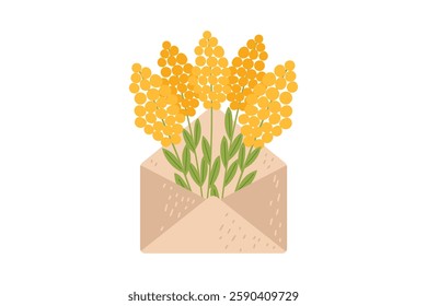 Mimosa flowers in the envelope isolated on white. Concept of spring, holiday, mother's day, women's day. Vector hand drawn clipart.