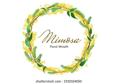 Mimosa flowers, floral wreath, floral frame, invitation card template, mimosa vector image