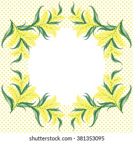 Mimosa flowers frame and polka dots background. Vector illustration.